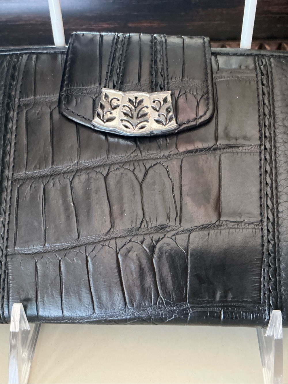 Brighton Black Croc-Embossed organizer Wallet with Silver Accent